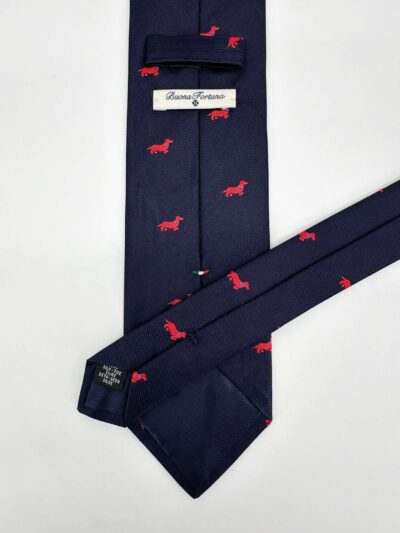 venta online corbata exclusiva jacquard tejida ceremonia marino dibujos perros teckel rojos detalle