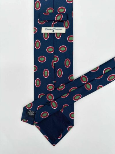 venta online corbata exclusiva twill estampada ceremonia marino dibujo ovalos verdes rojos detalle
